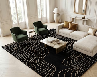 Luxury Black Gold Area Rug, Handmade Wool Carpet, Modern Abstract Rug, Contemporary Living Room Decor, Custom Size Rug