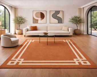 Hand Tufted Wool Rug: Terracotta Geometric Border Area Carpet