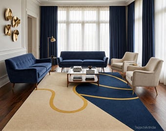 Modern abstract vloerkleed, marineblauw geometrisch tapijt, handgetuft wollen vloerkleed, eigentijds designvloerkleed woonkamer