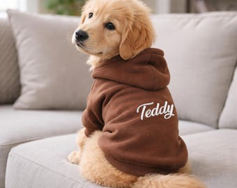 Może przedstawiać: Szczeniak golden retriever w brązowej bluzie z kapturem z napisem "Teddy" wyhaftowanym na plecach białą czcionką. Pies siedzi na szarej kanapie, patrząc w bok.