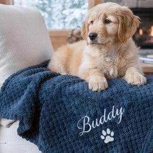 Pode incluir: Um filhote de golden retriever descansando sobre um cobertor texturizado azul-marinho escuro. O cobertor apresenta o nome Buddy bordado em letra cursiva branca acima de um ícone de pata bordado em branco, um acessório personalizado.