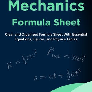 以下が含まれることがあります： 濃い青色の力学公式シート。大きな緑色の文字で「Mechanics Formula Sheet」と書かれています。シートには物理の公式と2026年が含まれています。