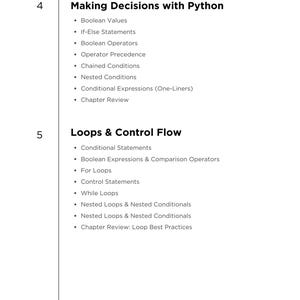 K&ouml;nnte beinhalten: Eine wei&szlig;e Seite mit einer dunkelblauen &Uuml;berschrift &bdquo;INHALTSVERZEICHNIS&ldquo;. Die Seite listet Themen wie &bdquo;Entscheidungen mit Python treffen&ldquo; und &bdquo;Schleifen & Kontrollfluss&ldquo; auf. Der Inhalt ist mit Aufz&auml;hlungspunkten organisiert.