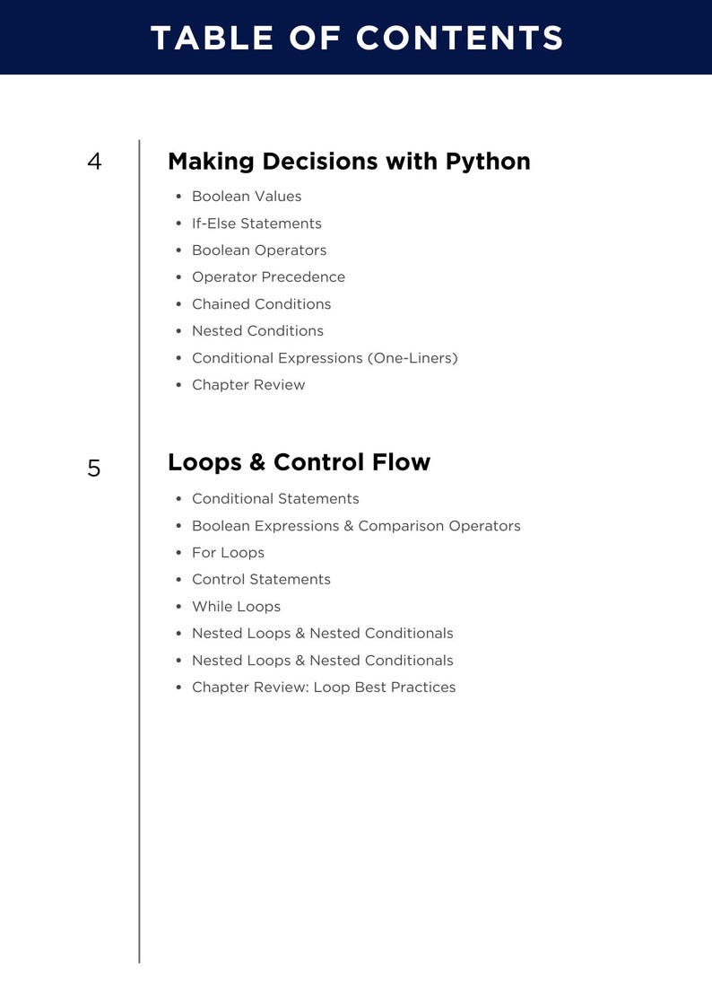 K&ouml;nnte beinhalten: Eine wei&szlig;e Seite mit einer dunkelblauen &Uuml;berschrift &bdquo;INHALTSVERZEICHNIS&ldquo;. Die Seite listet Themen wie &bdquo;Entscheidungen mit Python treffen&ldquo; und &bdquo;Schleifen & Kontrollfluss&ldquo; auf. Der Inhalt ist mit Aufz&auml;hlungspunkten organisiert.