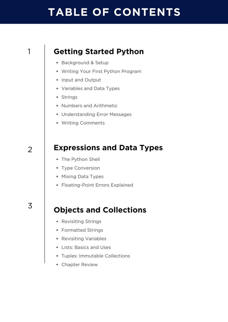 K&ouml;nnte beinhalten: Eine wei&szlig;e Seite mit einer dunkelblauen &Uuml;berschrift &bdquo;INHALTSVERZEICHNIS&ldquo;. Der Inhalt ist in drei Abschnitte unterteilt: Erste Schritte mit Python, Ausdr&uuml;cke und Datentypen sowie Objekte und Sammlungen.