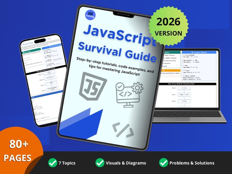 JavaScript-studieguide | Utskrivbara steg-för-steg-programmeringslektioner för nybörjare och fusklapp i PDF-format bild 1