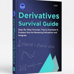 May include: A dark blue book titled "Derivatives Survival Guide" with white and teal text. The book cover features mathematical formulas and diagrams, including the year 2025. The book is designed to help master derivatives and integrals.