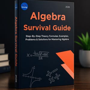 May include: A dark blue "Algebra Survival Guide" book with orange text and graphics. The book includes the text "Step-By-Step Theory, Formulas, Examples, Problems & Solutions for Mastering Algebra" and the year "2026".
