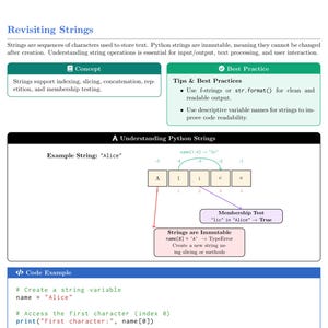 K&ouml;nnte beinhalten: Eine detaillierte, lehrreiche Grafik &uuml;ber Python-Strings, mit Text, Diagrammen und Codebeispielen. Das Bild erkl&auml;rt String-Operationen, Unver&auml;nderlichkeit und Best Practices f&uuml;r das Codieren. Der Text enth&auml;lt "Objects and Collections" und "Revisiting Strings".