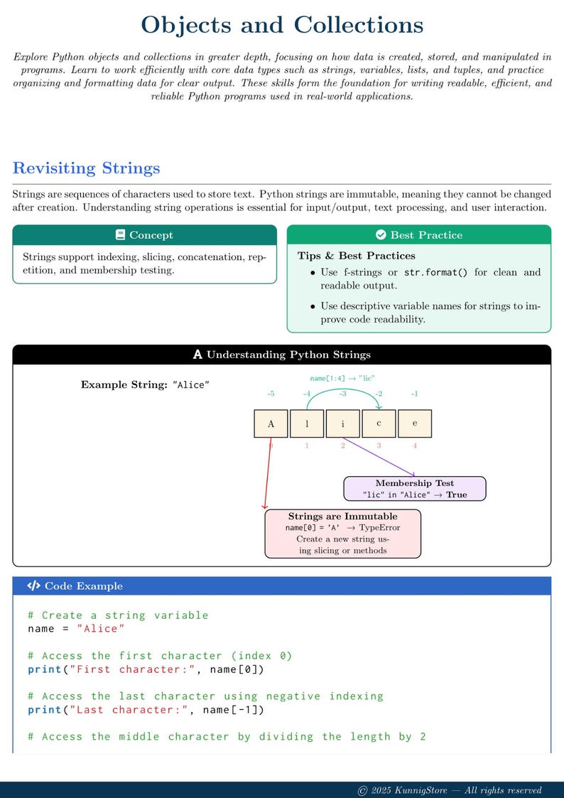 K&ouml;nnte beinhalten: Eine detaillierte, lehrreiche Grafik &uuml;ber Python-Strings, mit Text, Diagrammen und Codebeispielen. Das Bild erkl&auml;rt String-Operationen, Unver&auml;nderlichkeit und Best Practices f&uuml;r das Codieren. Der Text enth&auml;lt "Objects and Collections" und "Revisiting Strings".