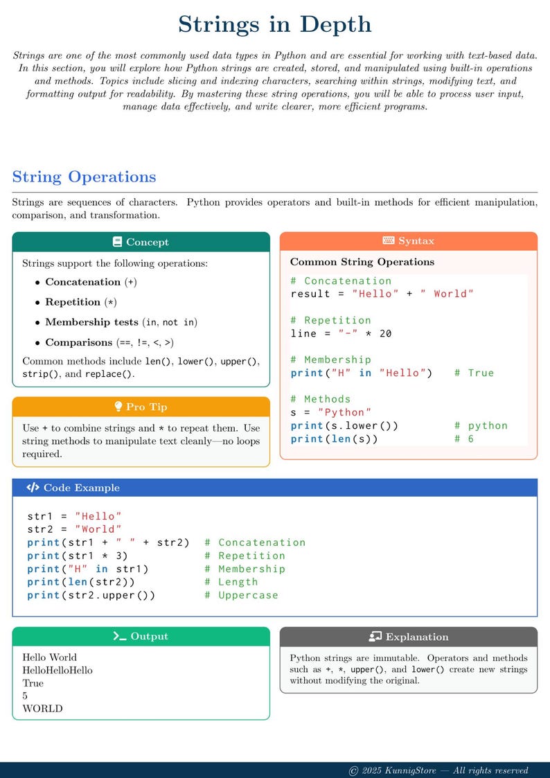 K&ouml;nnte beinhalten: Leitfaden zu Python-Strings, der Operationen wie Verkettung und Wiederholung erl&auml;utert. Enth&auml;lt Codebeispiele und Erkl&auml;rungen zu String-Methoden. Mit dem Text "Strings in Depth".