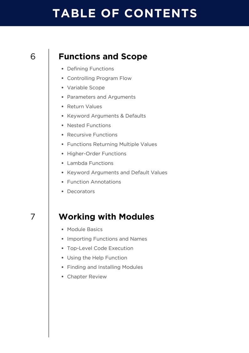 K&ouml;nnte beinhalten: Eine Lehrbuchseite mit einem Inhaltsverzeichnis. Die &Uuml;berschriften lauten "Funktionen und Umfang" und "Arbeiten mit Modulen". Der Text ist schwarz auf wei&szlig;em Hintergrund. Die Seite stammt aus einem Lehrbuch.