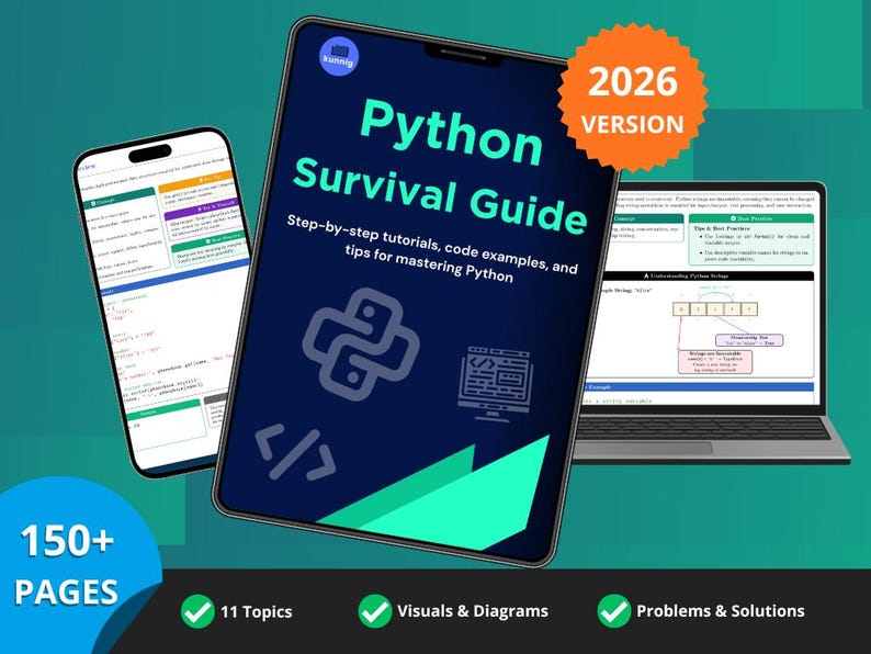 K&ouml;nnte beinhalten: Digitale Illustration eines Python Survival Guide auf einem Tablet, flankiert von einem Smartphone und einem Laptop. Das Cover des Guides ist dunkelblau mit wei&szlig;em Text und einem Python-Logo. Das Bild zeigt auch 150+ Seiten, 11 Themen, Visualisierungen und L&ouml;sungen.