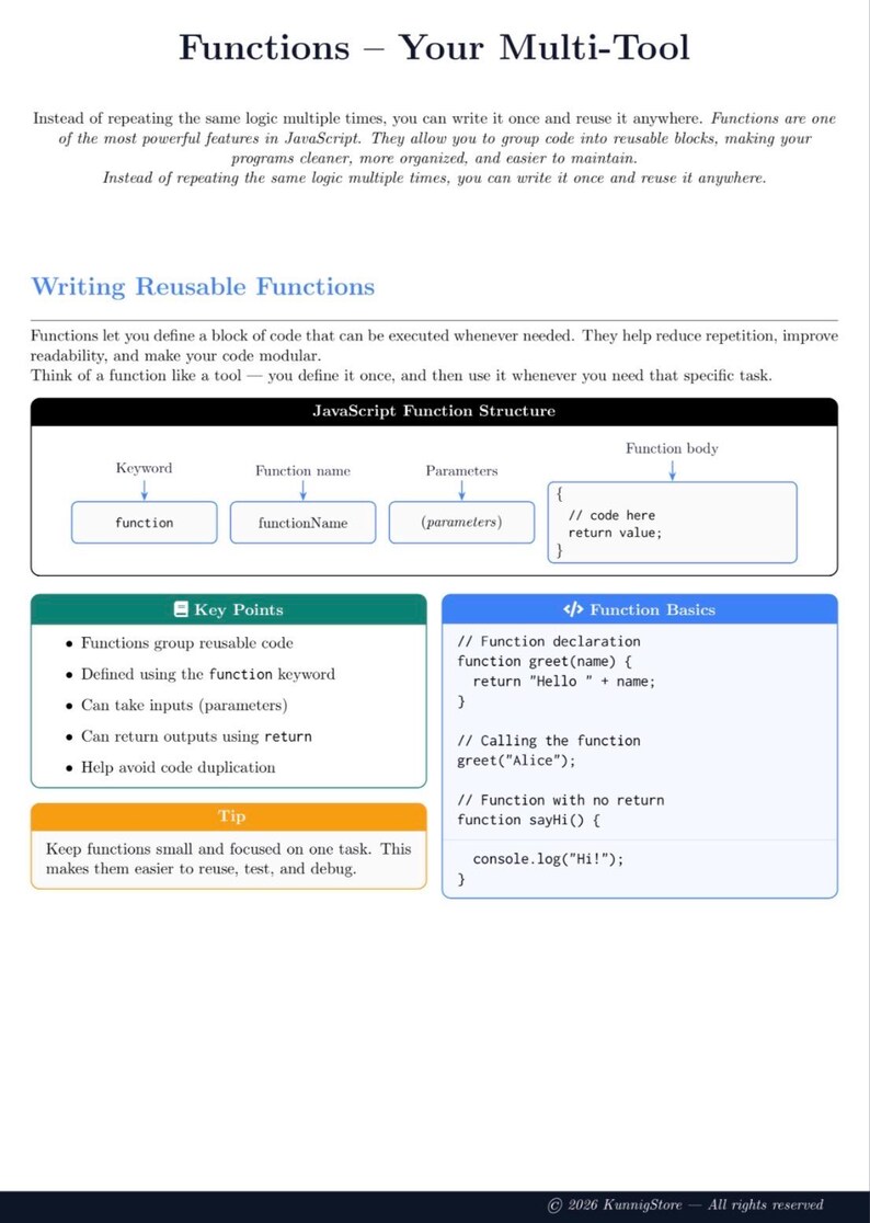 JavaScript-studieguide | Utskrivbara steg-för-steg-programmeringslektioner för nybörjare och fusklapp i PDF-format bild 4