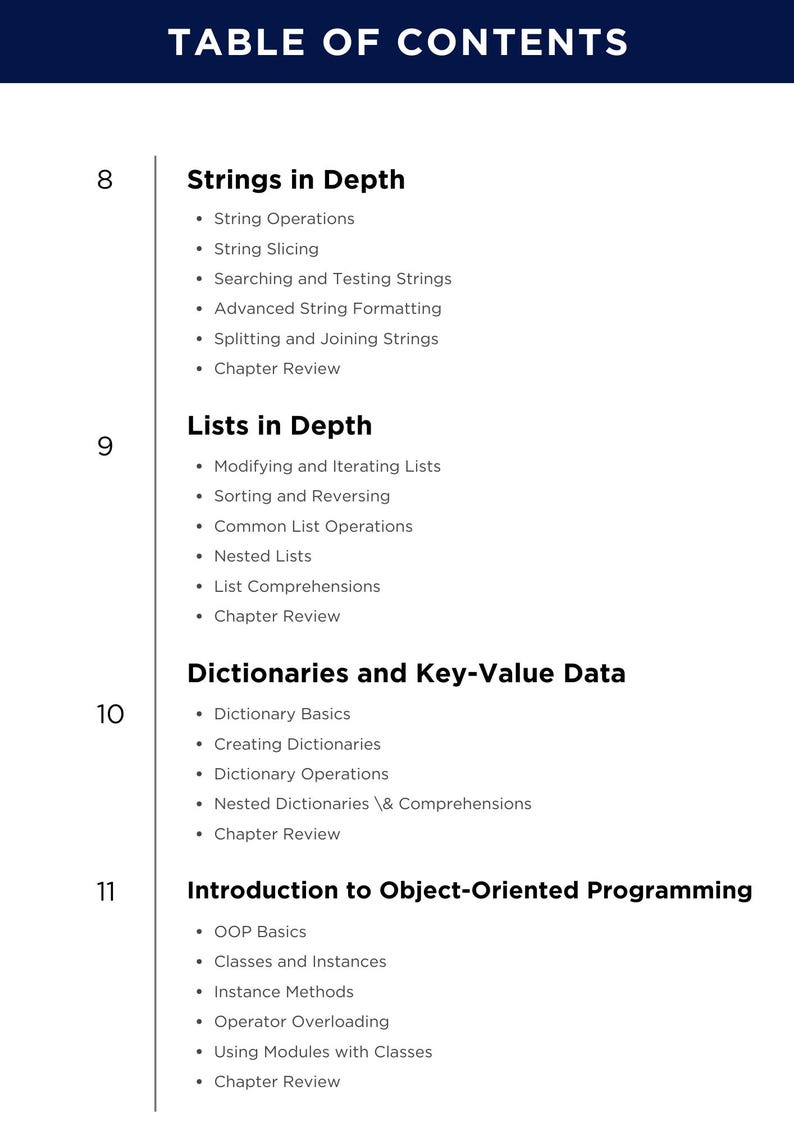 K&ouml;nnte beinhalten: Ein Inhaltsverzeichnis aus einem Lehrbuch mit einer dunkelblauen &Uuml;berschrift &bdquo;TABLE OF CONTENTS&ldquo;. Der Inhalt ist nach Kapiteln geordnet, mit Titeln wie &bdquo;Strings in Depth&ldquo; und &bdquo;Lists in Depth&ldquo;.