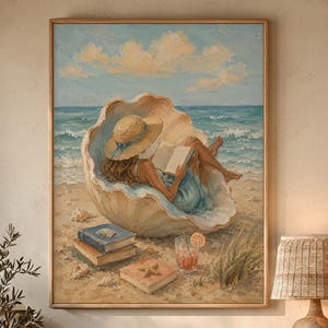 Elegant Summer Beach Scene Oil Painting, Woman Reading in Shell, Coastal Wall Art, Relaxing Summer Home Décor, Seaside Illustration