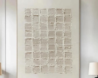 Original Beige Gitter 3D Strukturölgemälde | Minimalistische neutrale abstrakte Leinwanddekoration für ein modernes Zuhause