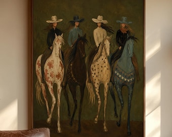 Western Cowgirls Oil Painting, Four Horse Riders in Olive Green Landscape, Folk Equestrian Wall Art for Bedroom Living Room Ranch Decor