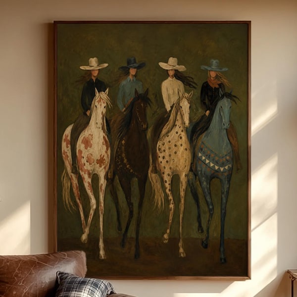 Western Cowgirls Oil Painting, Four Horse Riders in Olive Green Landscape, Folk Equestrian Wall Art for Bedroom Living Room Ranch Decor