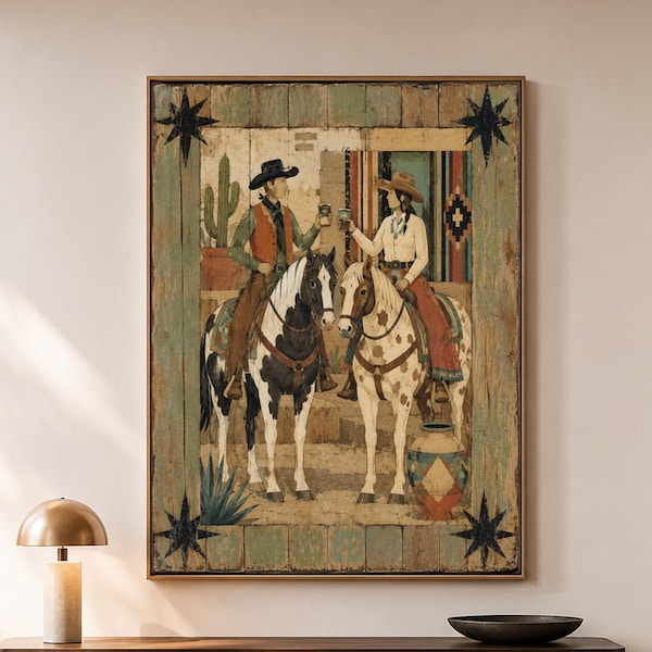 Original Cowboy Cowgirl Horse Oil Painting, Southwest Ranch Canvas Wall Art, Rustic Western Couple Decor, Farmhouse Saloon Gallery Art