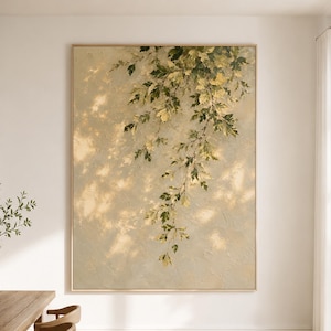 Hängande oljemålning med gröna löv, varm neutral väggkonst med botanisk skugga, organisk modern naturdekoration på canvas för vardagsrum och sovrum