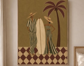 May include: A framed wall art print featuring a stylized illustration of two figures in striped clothing and straw hats standing beside a surfboard. A tall palm tree is depicted against a muted olive background, with a brown and beige diamond floor pattern.