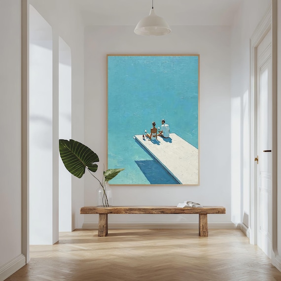 Teal Blue Poolside Couple Oil Painting  Relaxing Summer Vacation Wall Art  Minimalist Impasto Coastal Home Decor