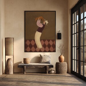 Man with Dachshund Oil Painting, Whimsical Folk Art Portrait with Dog, Brown Neutral Wall Art for Living Room Bedroom Decor image 6