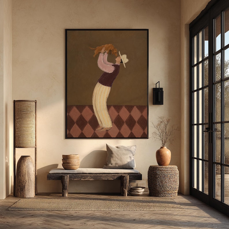 Man with Dachshund Oil Painting, Whimsical Folk Art Portrait with Dog, Brown Neutral Wall Art for Living Room Bedroom Decor image 6