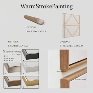 May include: WarmStrokePainting product options: a rolled canvas tube, a stretched canvas with a wooden frame back, and a framed canvas. Includes five frame colors: black, silver, white, wood, and gold, with 1.5 inch depth and 1.4 inch by 0.2 inch frame details.