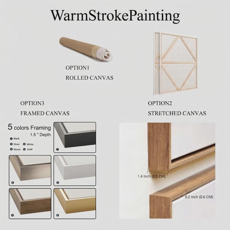 May include: WarmStrokePainting product options: a rolled canvas tube, a stretched canvas with a wooden frame back, and a framed canvas. Includes five frame colors: black, silver, white, wood, and gold, with 1.5 inch depth and 1.4 inch by 0.2 inch frame details.
