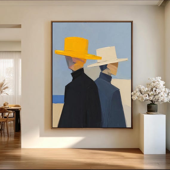 Abstract Two Figures Oil Painting, Yellow and White Hat Seaside Wall Art, Modern Coastal Portrait Decor for Living Room Bedroom