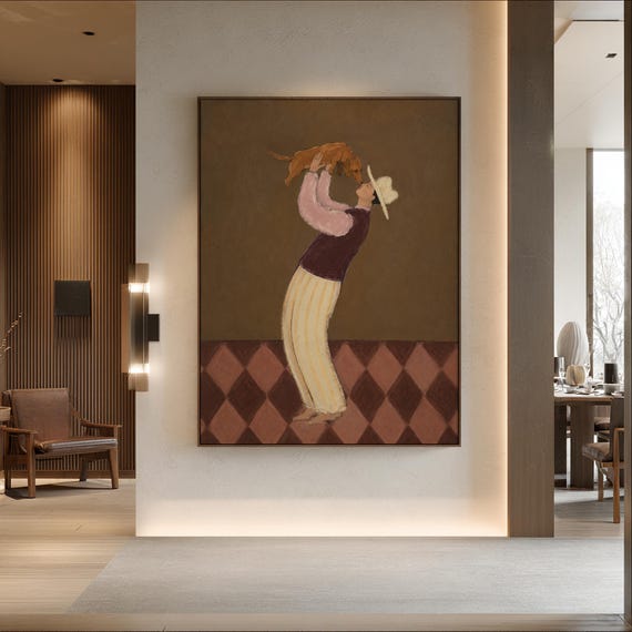 Man with Dachshund Oil Painting, Whimsical Folk Art Portrait with Dog, Brown Neutral Wall Art for Living Room Bedroom Decor
