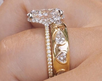 Ovaal geslepen moissaniet bruids set twee ringen set verzonken set dikke band 14K geelgouden verlovingsring set verborgen halo ovale diamanten ring voor haar