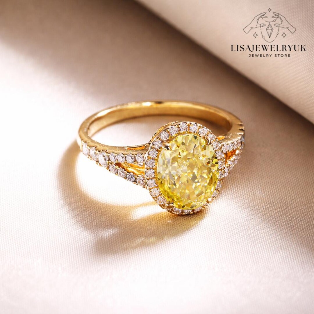 2.50 CT Yellow Oval Moissanite Halo Engagement Ring Split Shank 14K ...