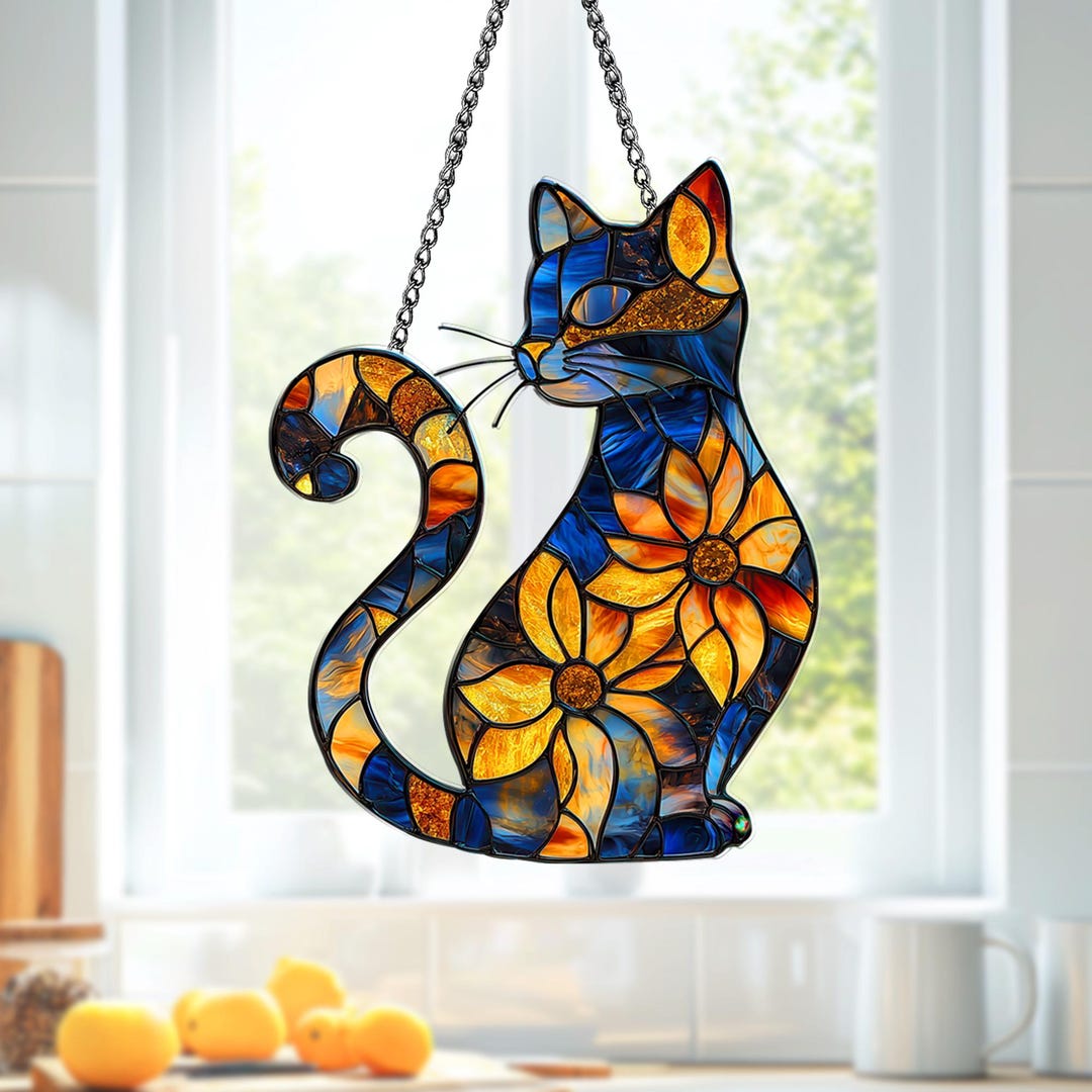 Acrylic Suncatcher Decoration Window Hanging Cat Sunflower Mosaic Blue ...