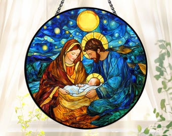 レア キリスト降誕 ヴィンテージ ステンドグラス 聖家族 イエス 聖書 美術館 フェイクステンドグラスのキリスト降誕シーンのドアハンガーデザイン