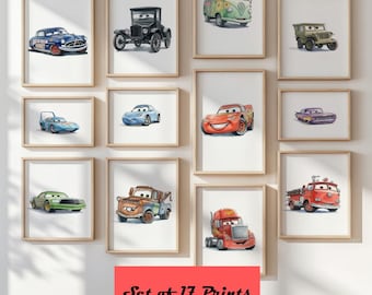 Set de 17 láminas de Disney Cars / Láminas de Rayo McQueen y Mater para pared / Decoración para habitación infantil / Galería de acuarelas para sala de juegos / Descarga digital