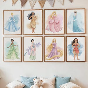 Set of 12 Watercolor Princesses Wall Art, Digital Princess Wall Art, Nursery Prints, Girls Room Decor (Digital Download)
