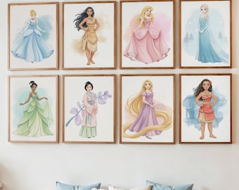 Set de 12 láminas de princesas en acuarela para pared, arte digital de princesas para pared, láminas para habitación infantil, decoración para habitación de niñas (descarga digital)