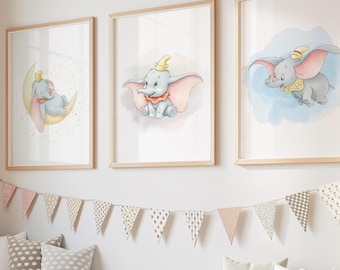 Dumbo Nursery Wall Art Set of 3, Printable Baby Room Decor, Elephant Prints, Kids Room Art, Baby Shower Gift (Digital Download)
