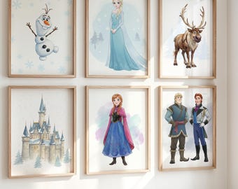 Juego de 6 láminas de Frozen para pared, decoración infantil con acuarela del castillo de Elsa, Anna y Olaf, pósteres digitales de princesas, regalo para habitación infantil.