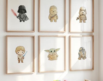 Set de 6 láminas de Star Wars para habitación infantil, arte mural de Star Wars, decoración para habitación de bebé niño, adorable arte de Star Wars para habitación infantil (descarga digital)