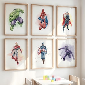 Superhero Prints Set of 6, Watercolor Wall Art Boys Room Decor, Spiderman Iron Man Hulk Thor Captain America Black Panther Digital Download