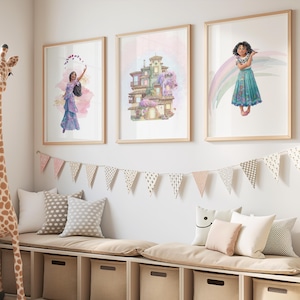 May include: Three framed art prints with watercolour illustrations of characters, hanging above a bench with pillows and storage cubes. A giraffe soft toy stands to the left. A banner of triangle flags hangs above the bench.