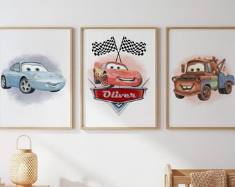 Impressions numériques personnalisées Lightning McQueen pour chambre d'enfant, ensemble d'art mural film Cars, décoration de chambre de garçon, posters noms personnalisés, chambre de bébé sur le thème des voitures