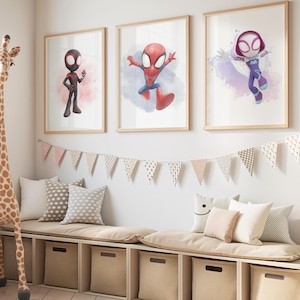 May include: Three framed superhero art prints featuring Spider-Man characters hang above a built-in bench with storage cubes. A giraffe plush toy stands to the left. The room is decorated with pillows and a banner of triangular flags.