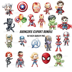 Op de afbeelding: Een verzameling kleurrijke Avengers-personage clipart. De afbeelding bevat illustraties van Thor, Captain America, Iron Man, Spider-Man, Hulk en meer. Tekst luidt "AVENGERS CLIPART BUNDLE" en "40 HIGH QUALITY PNG".