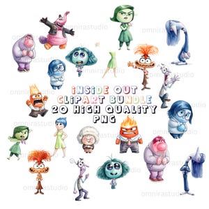 May include: A collection of watercolor illustrations featuring characters from the movie "Inside Out." The characters are in various poses and expressions. Text on the image reads "INSIDE OUT CLIPART BUNDLE 20 HIGH QUALITY PNG."