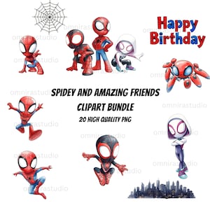 May include: A collection of Spidey and Amazing Friends clipart, featuring various characters in action poses. The image includes a spider web, a cityscape silhouette, and the text "Happy Birthday".